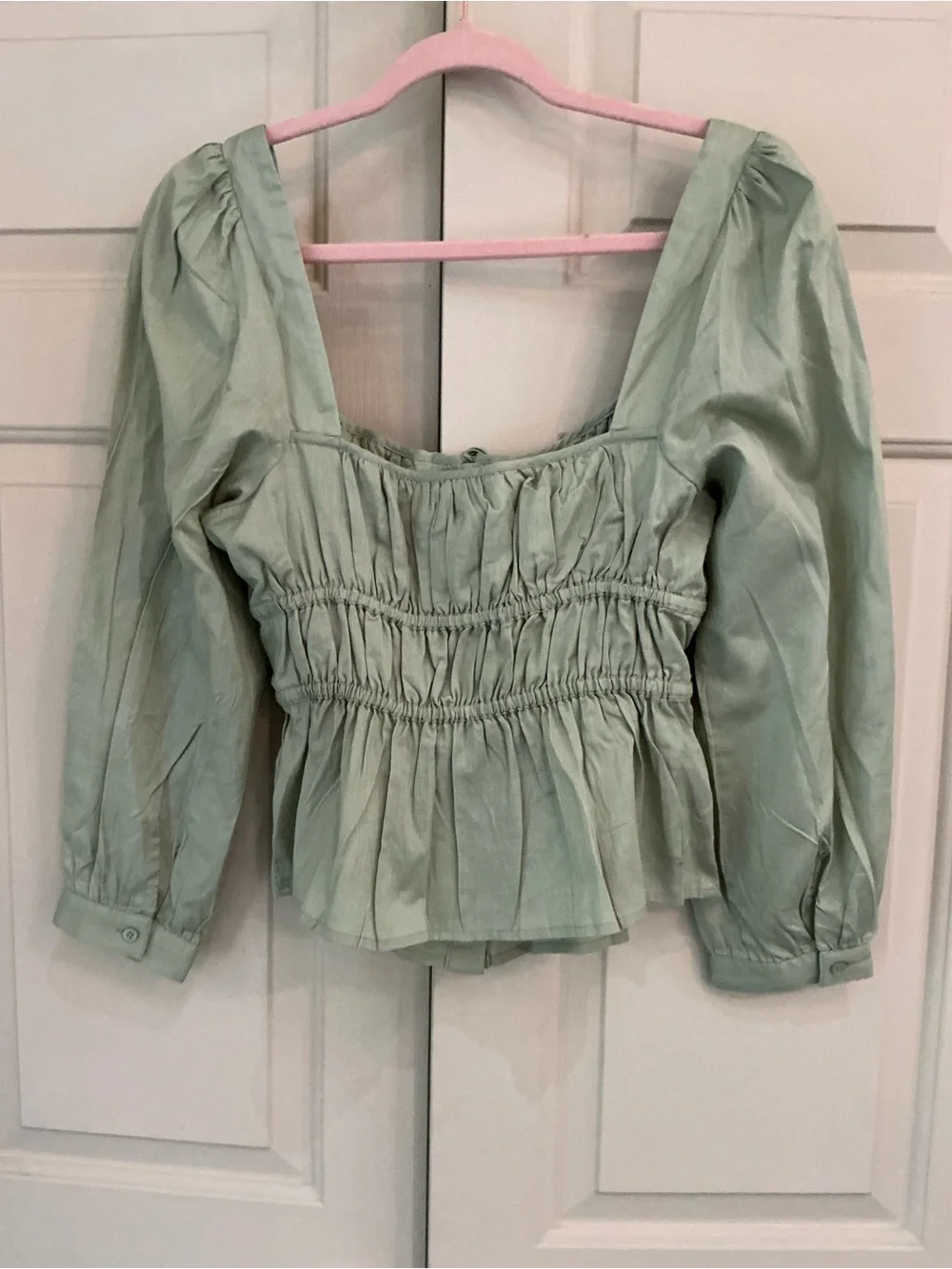 J. Crew Sage Green Smocked Square-Neck Cotton Blouse
